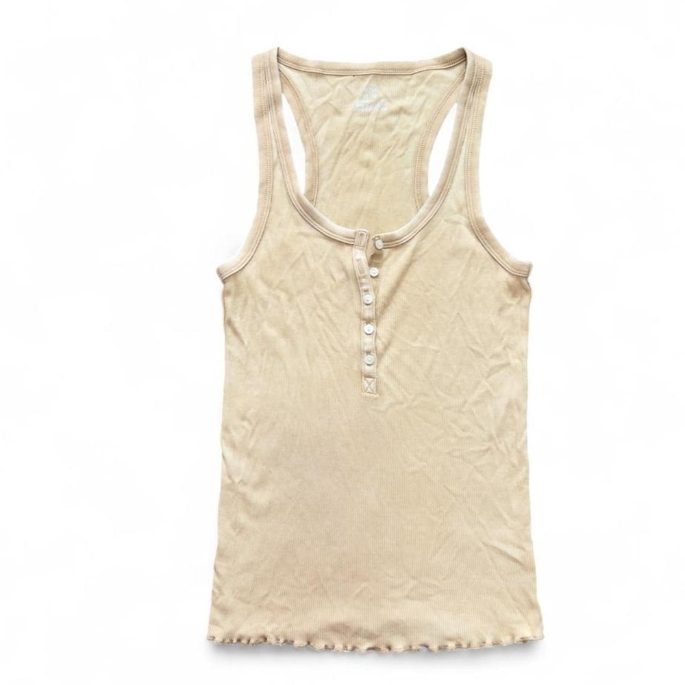 Aerie Henley Tank Top Womens XS Cream Tan Ribbed Racerback Lettuce Hem Boho